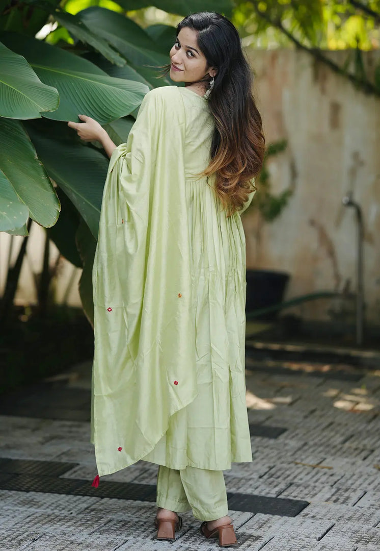 Pista Green Chanderi Silk Readymade Anarkali Suit