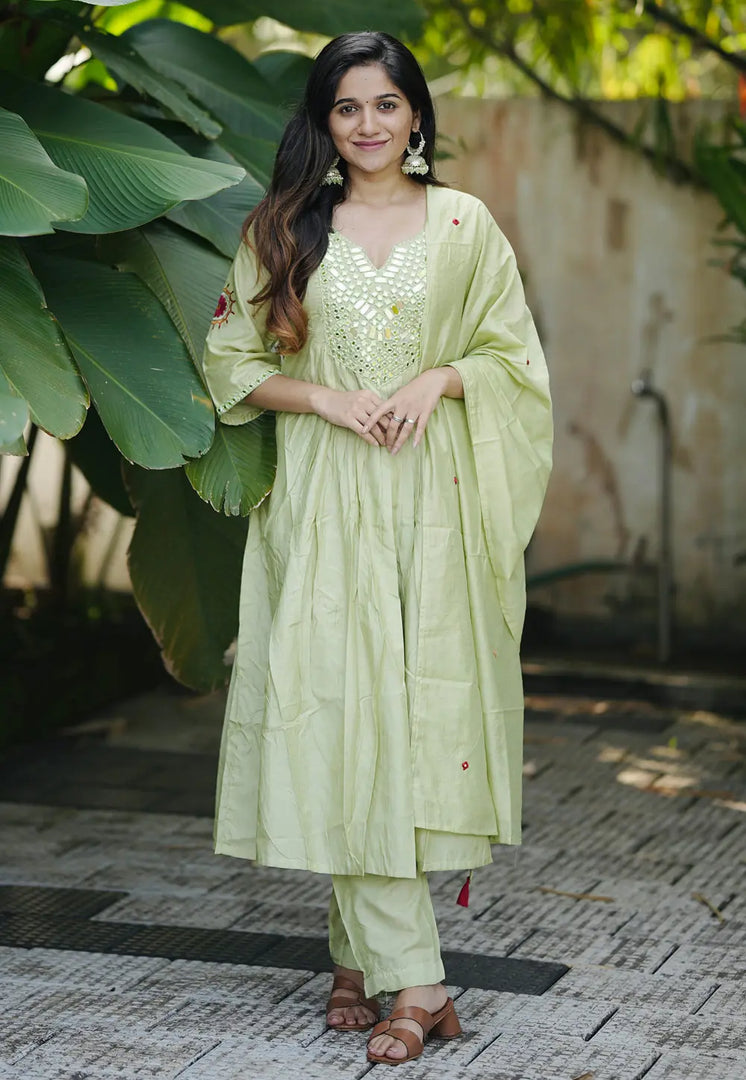 Pista Green Chanderi Silk Readymade Anarkali Suit