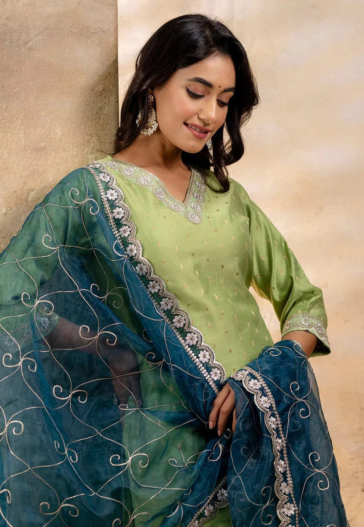 Pista Green Chanderi Silk Readymade Pant Style Suit