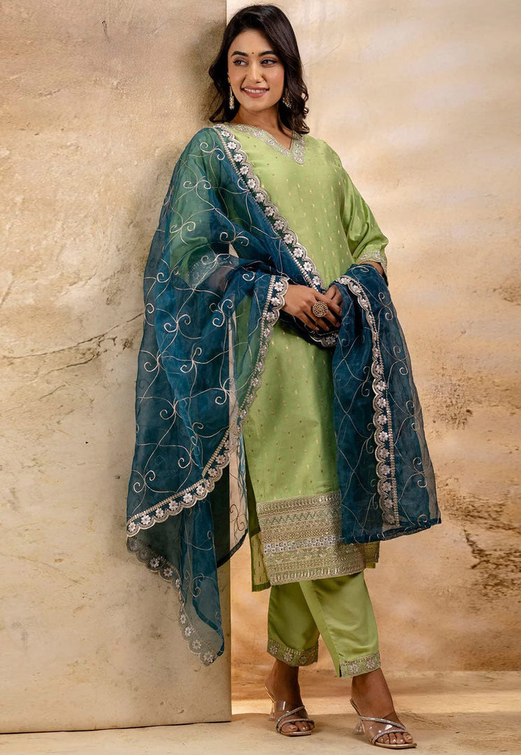 Pista Green Chanderi Silk Readymade Pant Style Suit