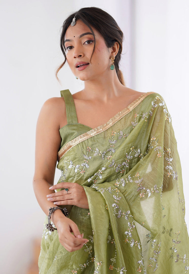 Pista Green Chiffon Saree With Blouse