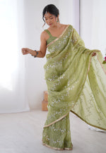 Load image into Gallery viewer, Pista Green Chiffon Saree With Blouse
