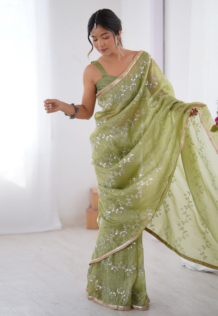 Pista Green Chiffon Saree With Blouse