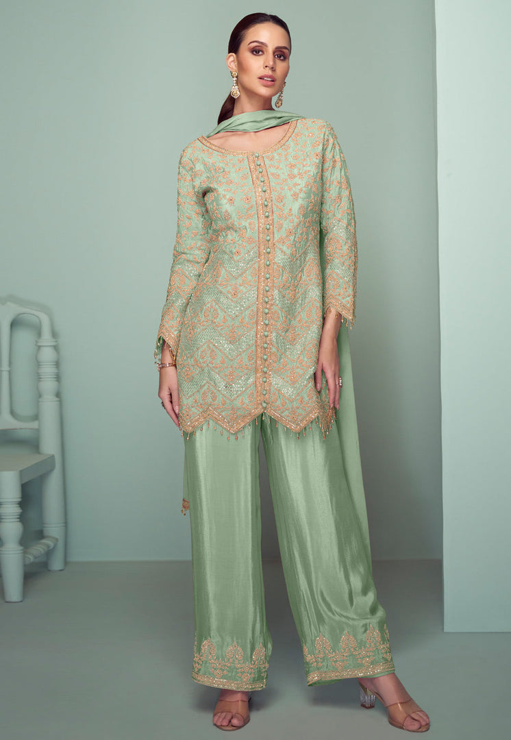 Pista Green Chinon Embroidered Palazzo Suit