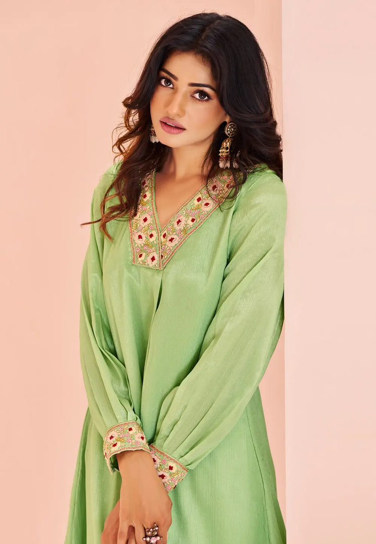 Pista Green Chinon Kurta Set With Pent