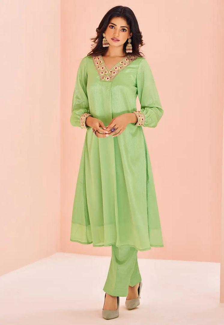 Pista Green Chinon Kurta Set With Pent
