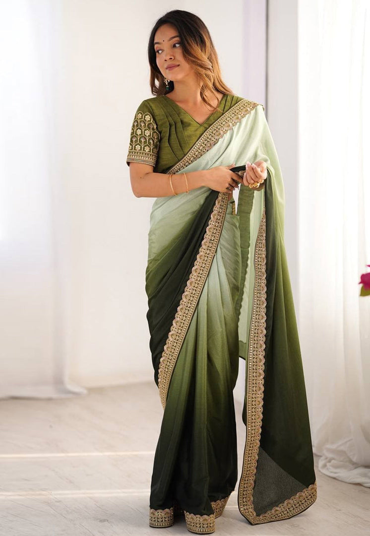 Pista Green Chinon Silk Half N Half Saree
