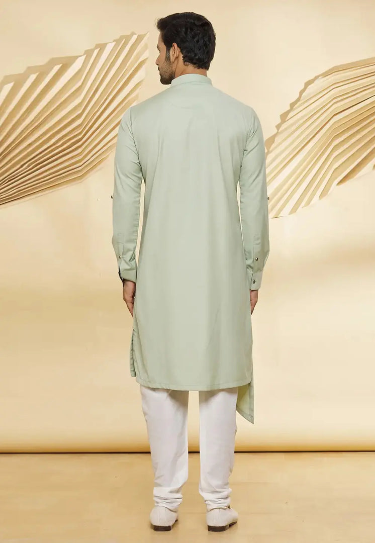 Pista Green Cotton Indo Western Suit