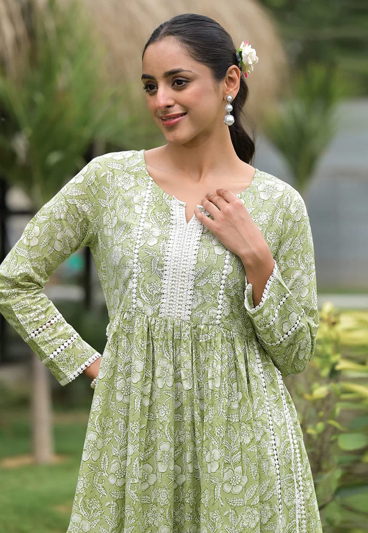 Pista Green Cotton Kurta Set With Palazzo