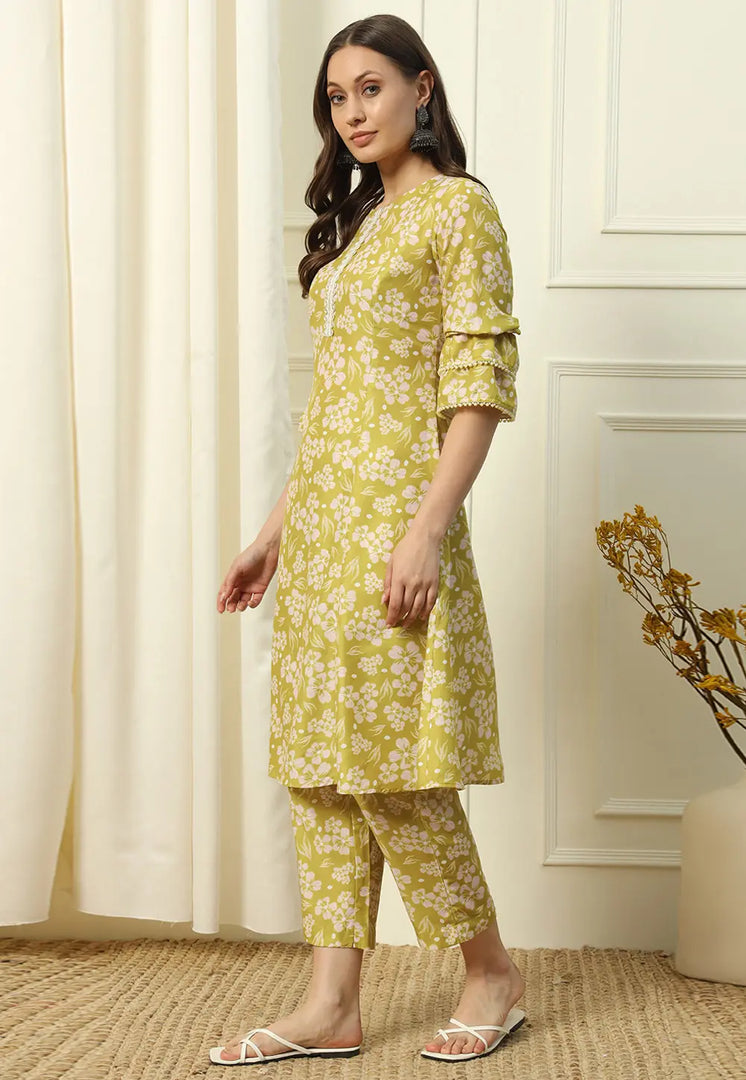 Pista Green Cotton Kurta Set With Pent