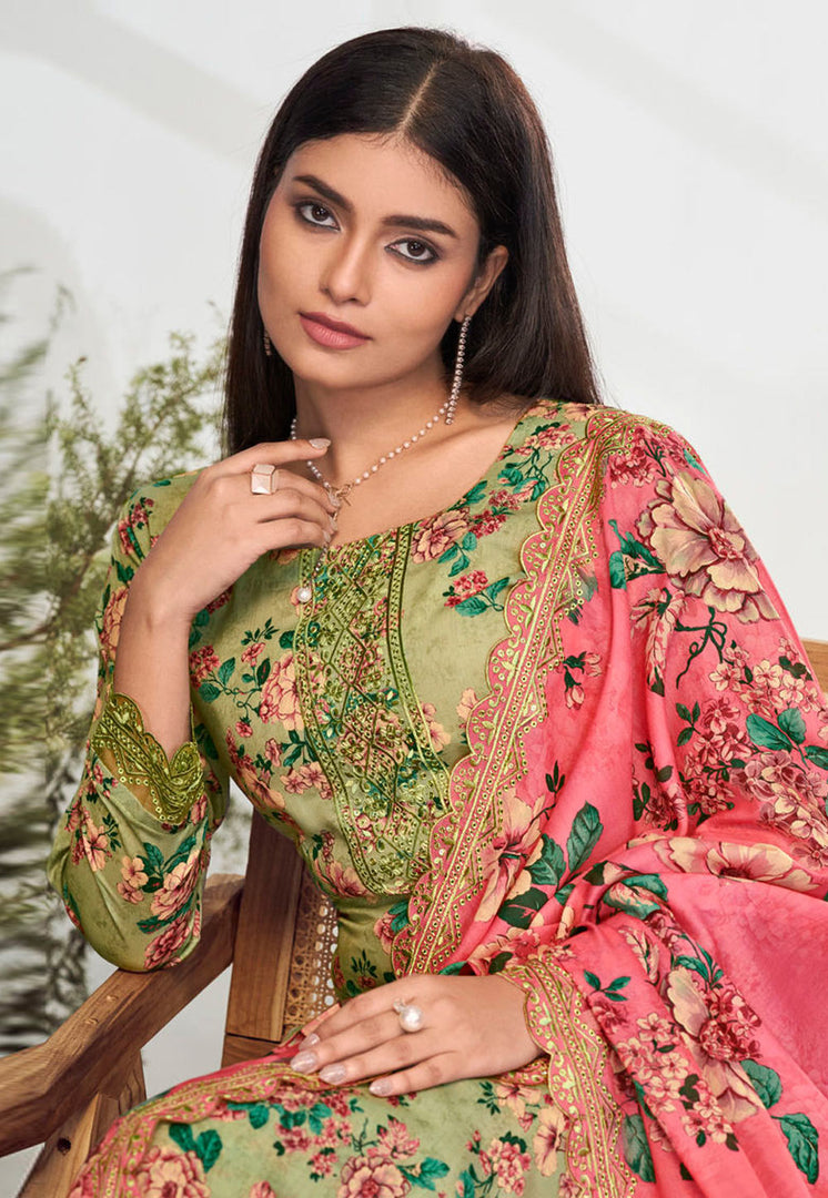 Pista Green Cotton Pakistani Suit