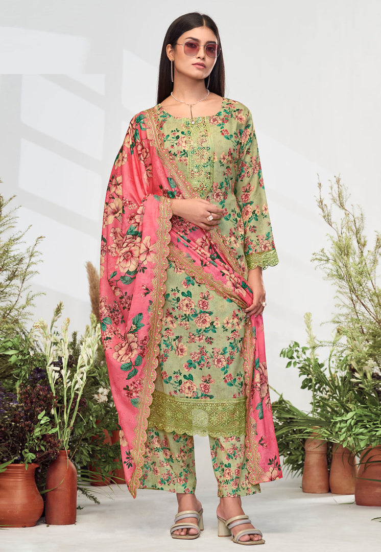 Pista Green Cotton Pakistani Suit