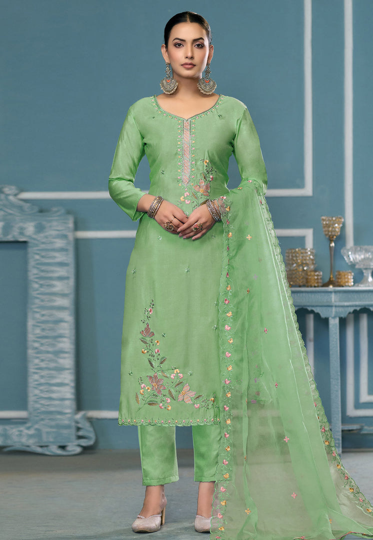 Pista Green Cotton Pakistani Suit