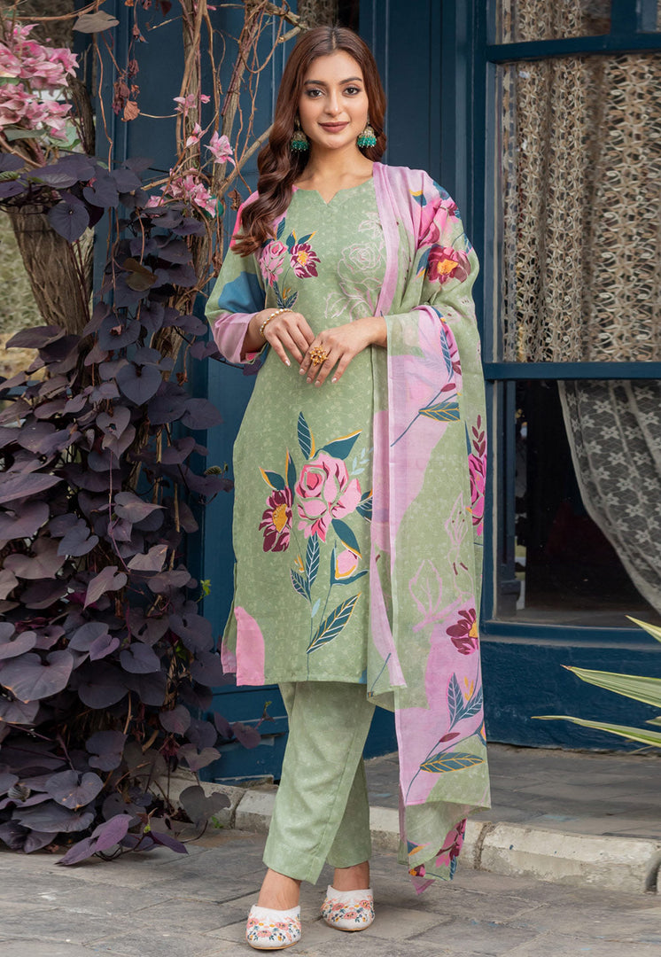 Pista Green Cotton Readymade Pant Style Suit