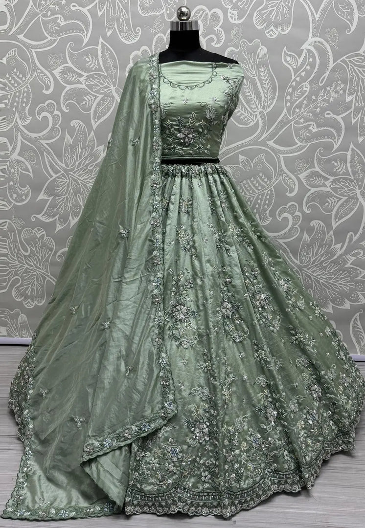 Pista Green Cotton Silk Wedding Lehenga Choli