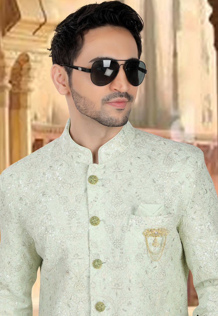 Pista Green Georgette Indo Western Sherwani
