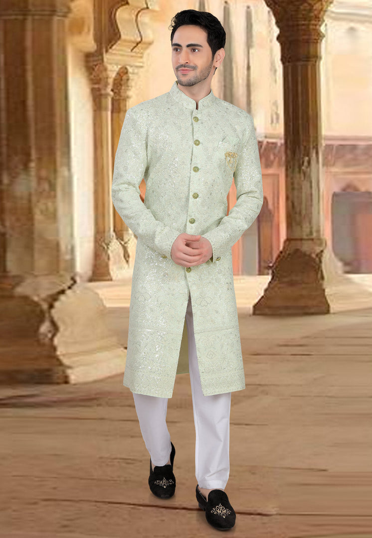 Pista Green Georgette Indo Western Sherwani