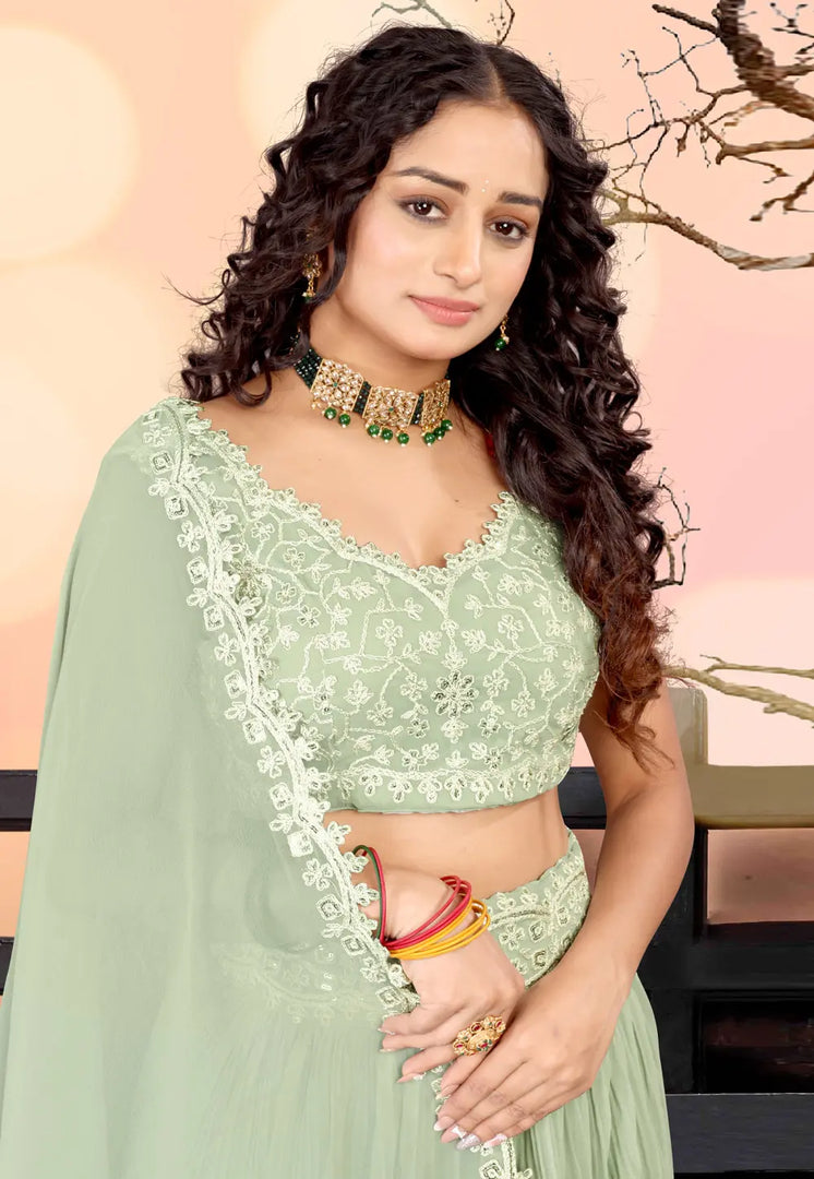 Pista Green Georgette Layered Lehenga Choli