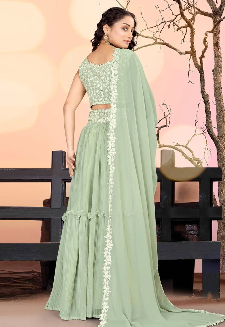 Pista Green Georgette Layered Lehenga Choli