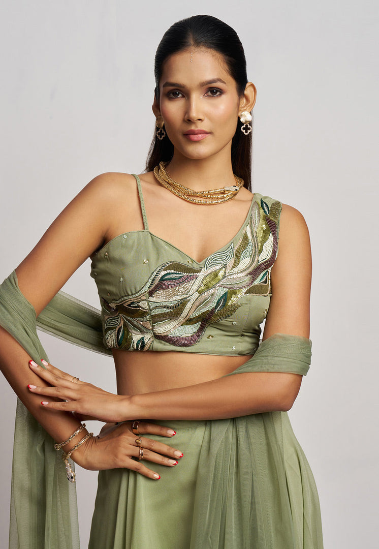 Pista Green Georgette Palazzo With Crop Top