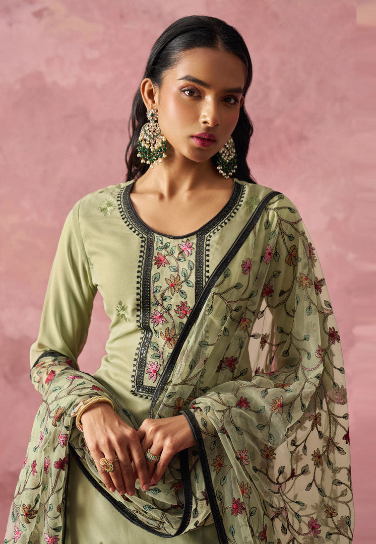 Pista Green Georgette Readymade Pant Style Suit