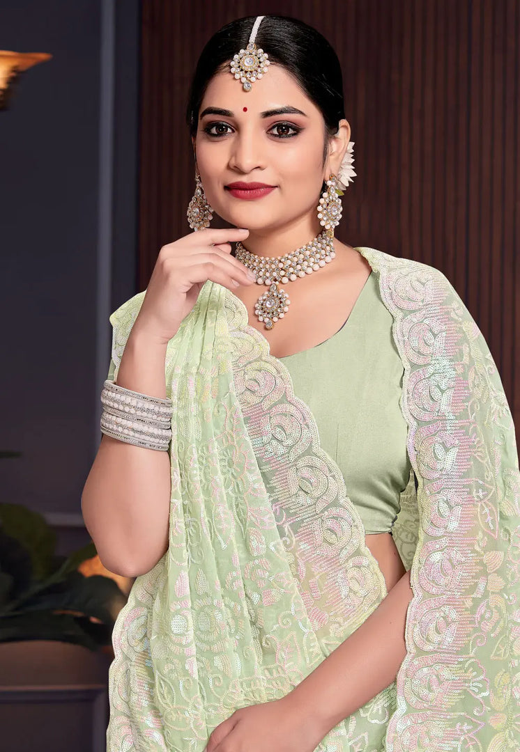 Pista Green Georgette Saree With Blouse