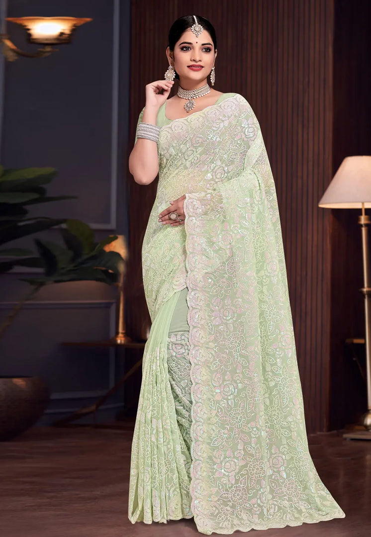 Pista Green Georgette Saree With Blouse