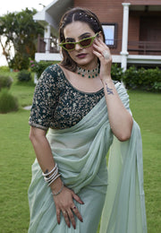 Pista Green Georgette Saree With Blouse
