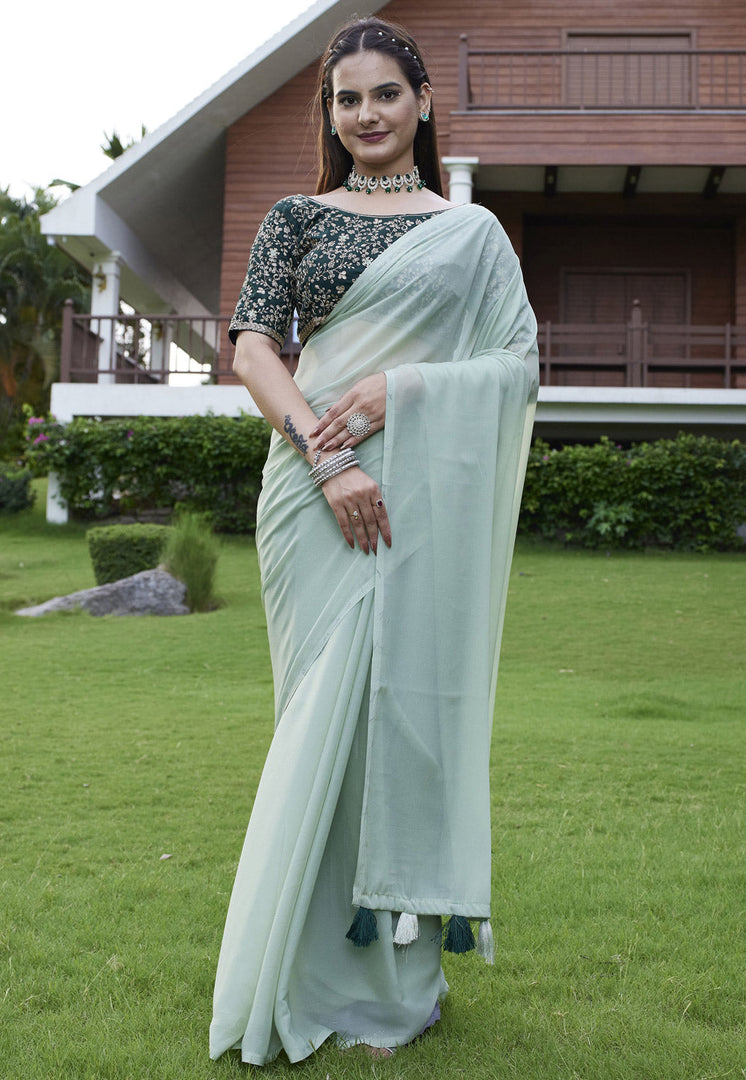 Pista Green Georgette Saree With Blouse