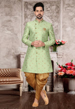 Load image into Gallery viewer, Pista Green Jacquard Indo Western Suit
