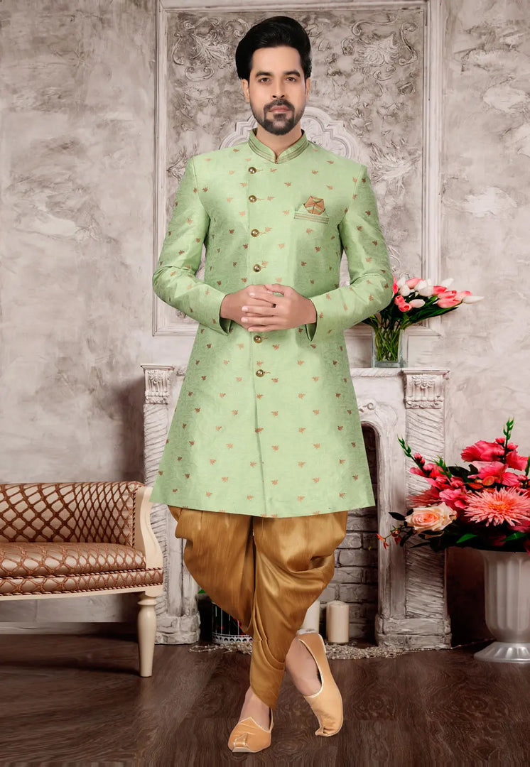 Pista Green Jacquard Indo Western Suit