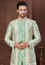 Load image into Gallery viewer, Pista Green Jacquard Indo Western Suit
