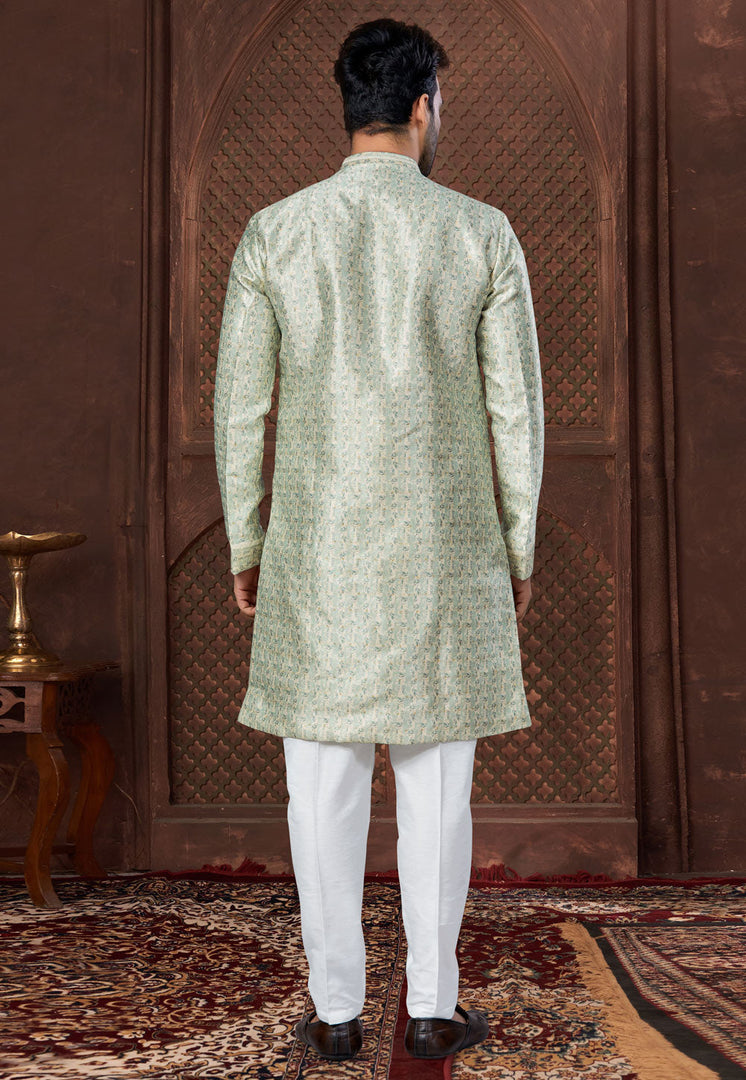 Pista Green Jacquard Indo Western Suit