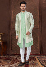 Load image into Gallery viewer, Pista Green Jacquard Indo Western Suit
