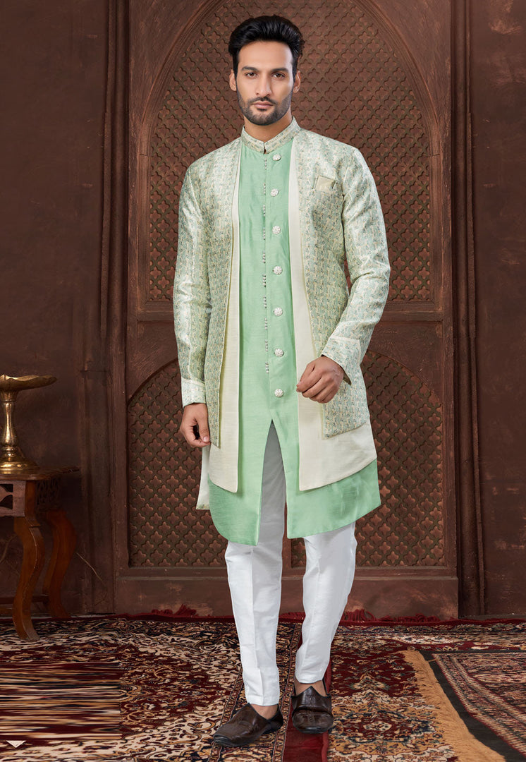Pista Green Jacquard Indo Western Suit