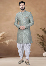 Load image into Gallery viewer, Pista Green Jacquard Indo Western Suit
