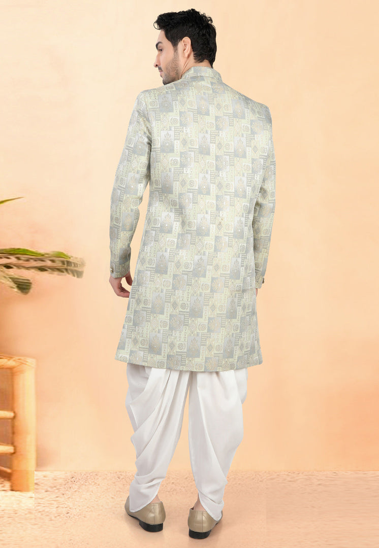 Pista Green Jacquard Indo Western Suit