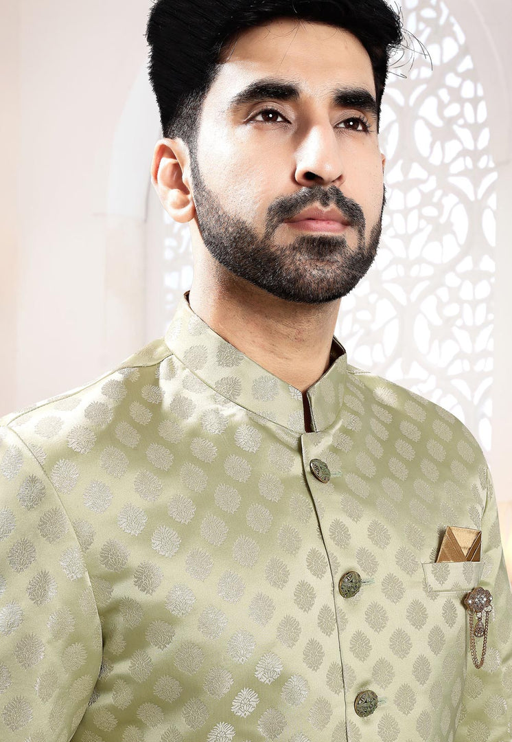 Pista Green Jacquard Indo Western Suit