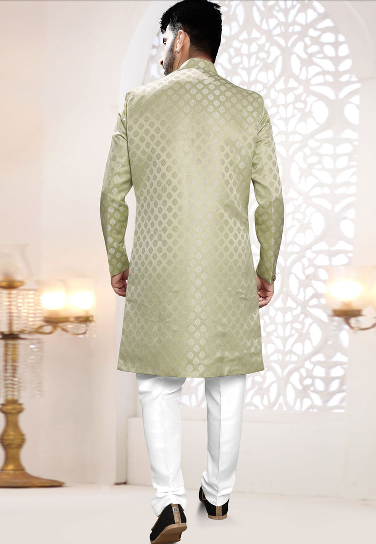 Pista Green Jacquard Indo Western Suit