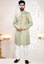 Load image into Gallery viewer, Pista Green Jacquard Indo Western Suit
