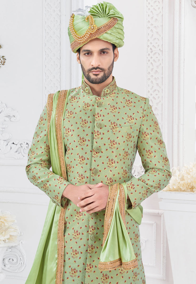 Pista Green Jacquard Silk Achkan Style Sherwani