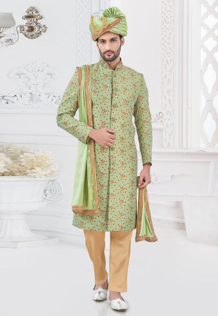 Pista Green Jacquard Silk Achkan Style Sherwani