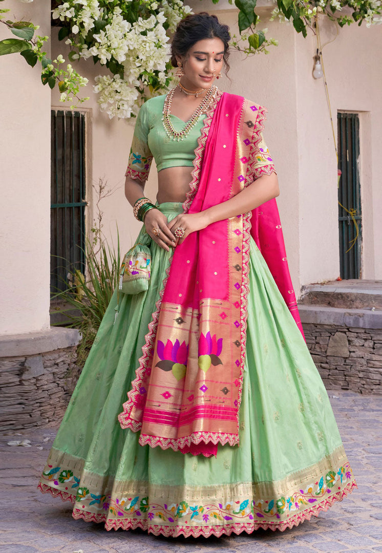 Pista Green Jacquard Silk Lehenga Choli