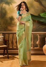 Load image into Gallery viewer, Pista Green Khadi Saree With Blouse
