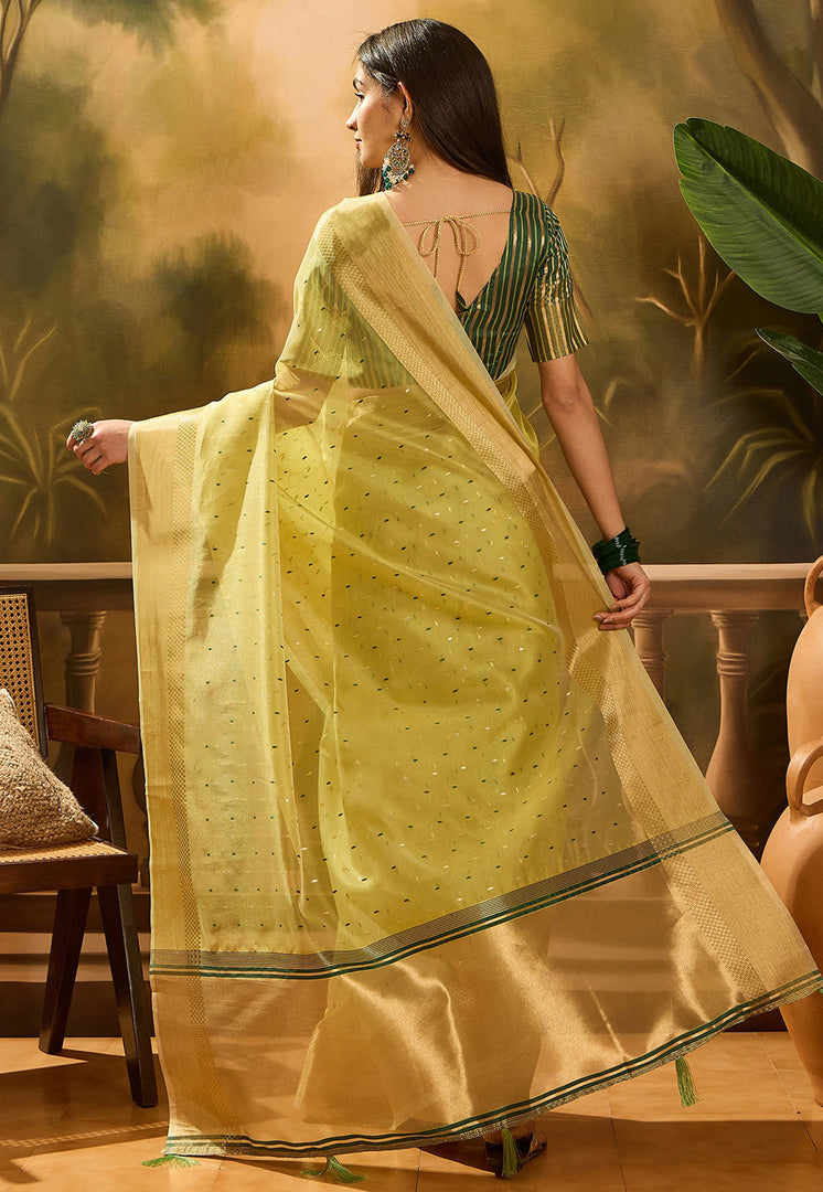 Pista Green Khadi Saree With Blouse