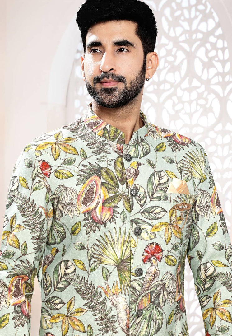 Pista Green Linen Indo Western Suit