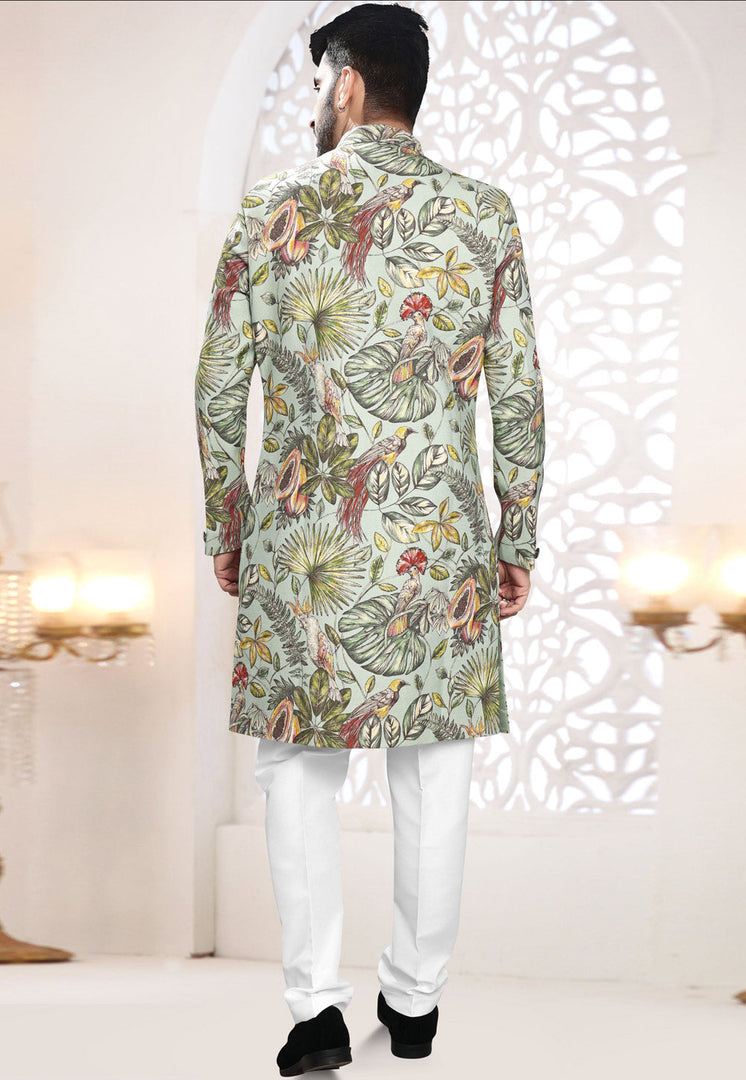 Pista Green Linen Indo Western Suit