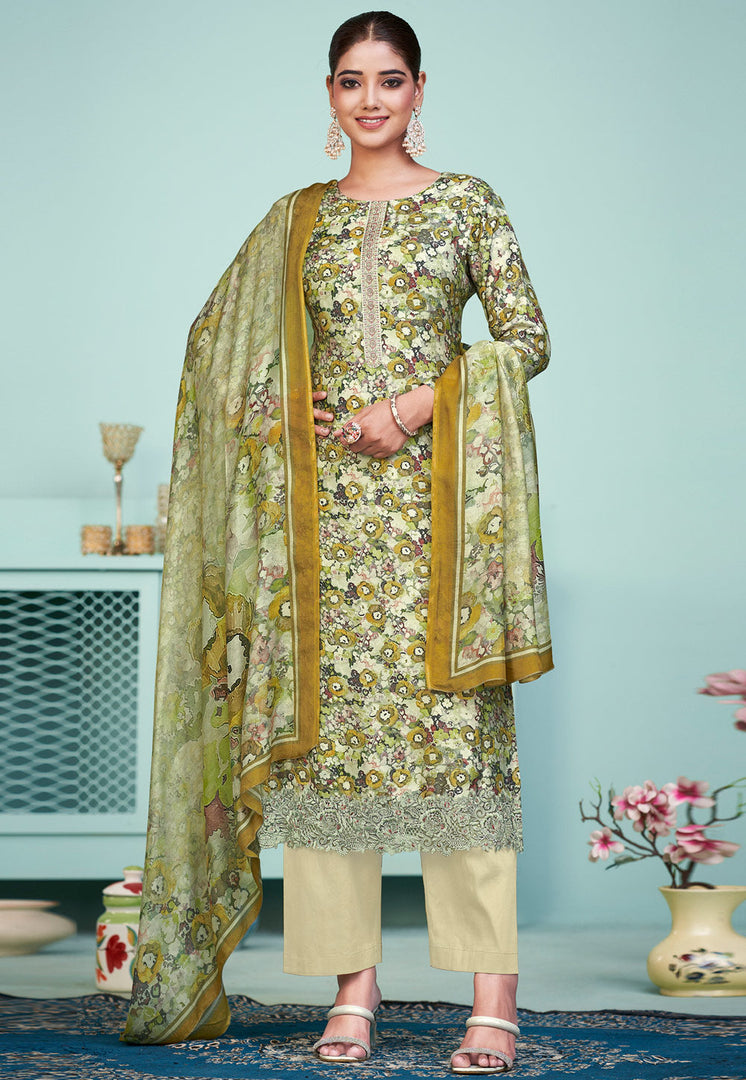 Pista Green Muslin Pakistani Suit