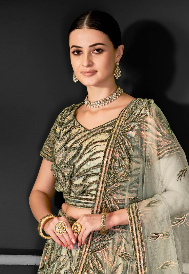 Pista Green Net A Line Lehenga Choli