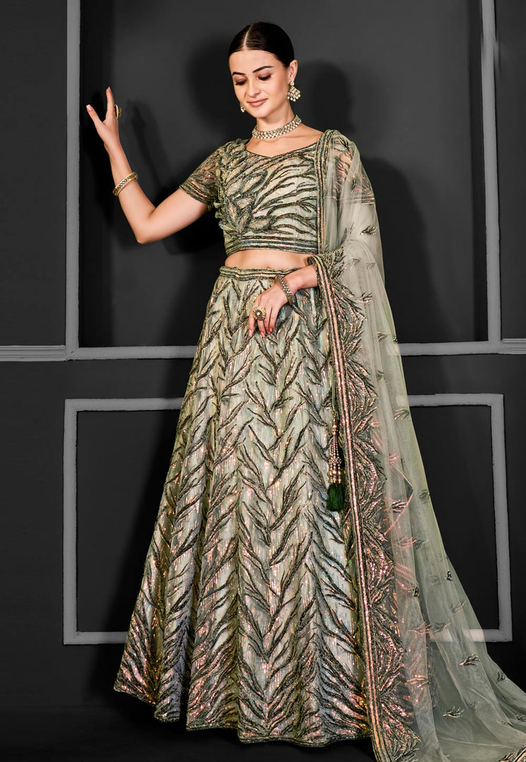 Pista Green Net A Line Lehenga Choli
